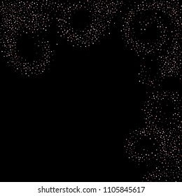 Rose, pink stars, sprocket, shiny confetti. Scattered little sparkling, silver, glitter balls, circles. Random stellar falling on black background. New Year Christmas background. Vector illustration.