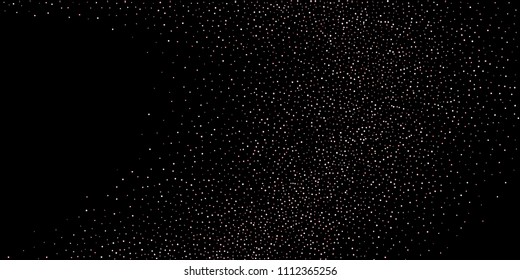 Rose, pink stars, sprocket, shiny confetti. Scattered little sparkling, silver, glitter balls, circles. Random stellar falling on black background. New Year Christmas background. Vector illustration.