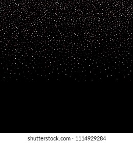 Rose, pink stars, sprocket, shiny confetti. Scattered little sparkling, silver, glitter balls, circles. Random stellar falling on black background. New Year Christmas background. Vector illustration.