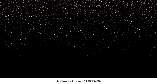 Rose, pink stars, sprocket, shiny confetti. Scattered little sparkling, silver, glitter balls, circles. Random stellar falling on black background. New Year Christmas background. Vector illustration.