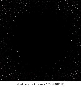 Rose, pink stars, sprocket, shiny confetti. Scattered little sparkling, silver, glitter balls, circles. Random stellar falling on black background. New Year Christmas background. Vector illustration.