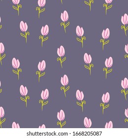 Rose pink tulips pattern background. Cartoon style spring flowers seamless floral purple backdrop.