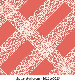 Rose Pink and White Vector seamless check pattern. Allover pattern. Ink grunge grid. Hand drawn seamless check pattern. Graphic background with ethnic tartan. Seamless check pattern background.