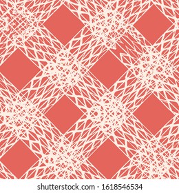 Rose Pink and White Vector seamless check pattern. Allover pattern. Ink grunge grid. Hand drawn seamless check pattern. Graphic background with ethnic tartan. Seamless check pattern background.