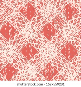 Rose Pink and White Vector seamless check pattern. Allover pattern. Ink grunge grid. Hand drawn seamless check pattern. Graphic background with ethnic tartan. Seamless check pattern background.