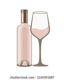 Rose pink wine bottle and wineglass, flat style vector illustration isolated on white background