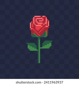 Rose pixel art icon, logo of flower shop. Element for design of greeting card International Women's Day, Mother's Day. Sticker design. Isolated vector illustration.