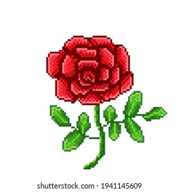 A rose pixel art. Red rose flower detailed. Icon flower. Vector illustration.