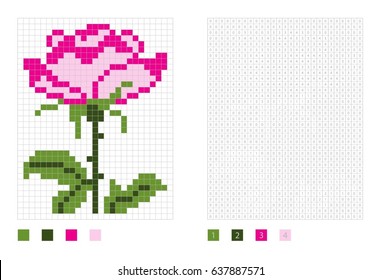 Rose. Pixel flower in the coloring page with numbered squares, vector illustration