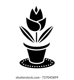 rose plant pot icon, vector illustration, black sign on isolated background