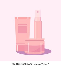 Rose plastic Makeup Cosmetic Jar Pot Face Cream Skin Lotion Bottle White cream jar. Face massage roller. Plastic cosmetic container, vector mockup. Face skin care creme. Vector illustration