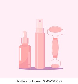 Rose plastic Makeup Cosmetic Jar Pot Face Cream Skin Lotion Bottle White cream jar. Face massage roller. Plastic cosmetic container, vector mockup. Face skin care creme. Vector illustration