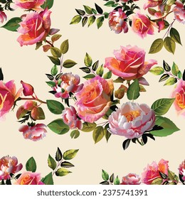 rose and plum flowers bouquet seamless pattern 