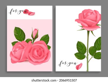 Rose postcards. Realistic roses cards, love romantic banners. For you lovely flowers vector templates