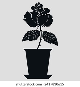 A rose in a pot. Black silhouette. Vector on grey background