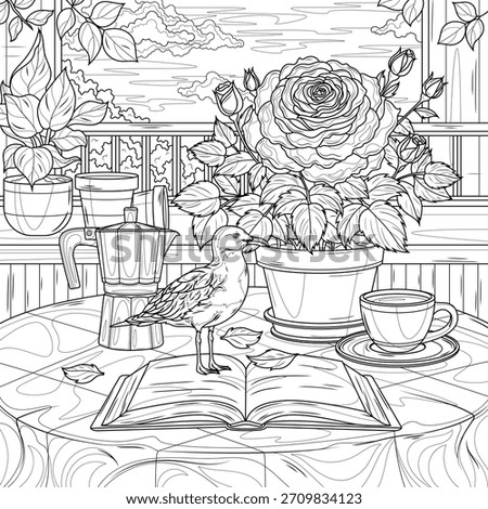 A rose in a pot, a coffee maker, and a seagull on the table.Coloring book antistress for children and adults. Illustration isolated on white background.Zen-tangle style. Hand draw