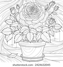 
A rose in a pot.Coloring book antistress for children and adults. Illustration isolated on white background.Zen-tangle style. Hand draw