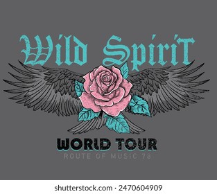 Rose power. Rock and roll vector graphic print design for apparel, stickers, posters, background and others. Wild spirit. Music artwork. Eagle wing. World music tour poster.