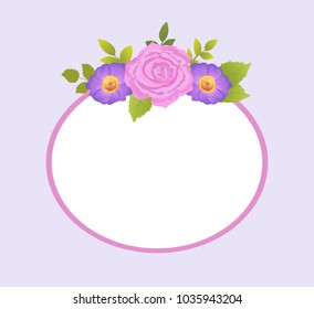 Rose and purple daisy flowers photo frame greeting card design with place for text, oval border with blooming springtime flowers vector illustration
