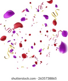 Rose and Purple petals  flying petals, romantic background with realistic pink cherry flower petals flow or falling motion. Love, many falling gold tiny confetti pieces romance, floral spring season