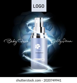 Rose purple Serum cosmetic ads, droplet and 3d bottle in blue sea with burst light in 3d illustration, purple roses