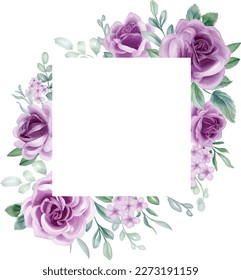 Rose Purple Watercolor flower frame. lilac flower elements, botanical background or wallpaper design, prints and invitations, and postcards.