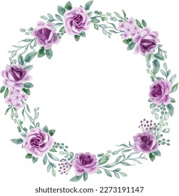 Rose Purple Watercolor flower Wreath. lilac flower elements, botanical background or wallpaper design, prints and invitations, and postcards.