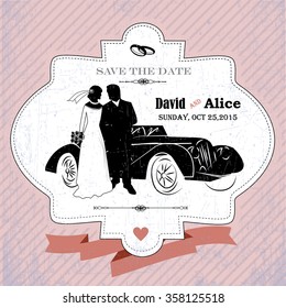 Rose quarts and serenity Vintage wedding invitation with bride and groom icons 