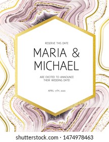 Rose quartz crystal geode square vector frame.Stylish pink glitter texture card. Gold border. Sparkling gem. Natural taupe brown stone.Trendy wedding invitation. All elements are isolated and editable