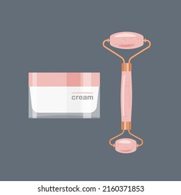 Rose quartz face massage roller and moisturizing face cream. Cosmetic product template. Vector illustration isolated on dark background.