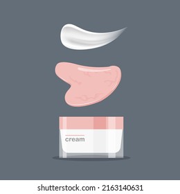 Rose quartz face massage roller, gua sha and moisturizing face cream. Lotion swatch or smear. Cosmetic product template. Vector illustration isolated on dark background