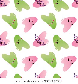 Rose quartz and jade gua sha beauty tool cute cartoon characters vector seamless pattern background.
