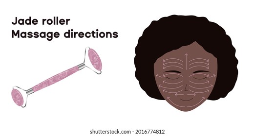 Rose quartz jade roller massage directions on a face of black young woman.