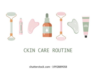 Rose quartz roller and gua sha scraper. Set of facial massage tool. Chinese skin care concept. Cream, serum. Morning routine. Vector illustration in flat cartoon