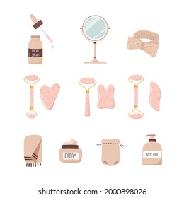Rose quartz roller and gua sha scraper. Set of facial massage tool. Chinese skin care concept. Morning routine. Vector illustration in flat cartoon style.