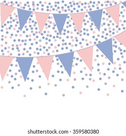 Rose quartz and serenity bunting background with confetti. Vector illustration.