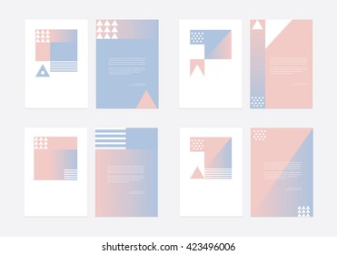 Rose Quartz and Serenity colored brochure template collection in contemporary geometric style. Abstract patterns set