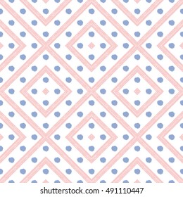 Rose quartz and serenity geometric seamless pattern of diagonal stripes and rhombus with circle, pink and blue seamless background with stripe and points, hand painted vector for wrapping, wedding