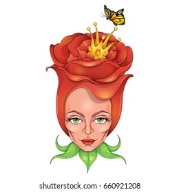 Rose Queen colorful vector illustration. Isolated on white. For web, clothes and graphic design, prints, posters, covers, package, stickers, greeting cards and more. Fantasy illustration.