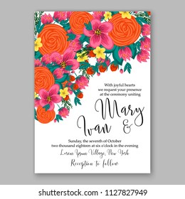 Rose ranunculus peony wedding invitation floral watercolor vector card template bridal shower flower wreath