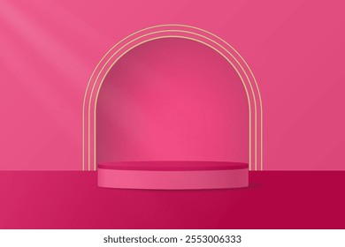Rosenroter Hintergrund mit Podium, goldenem Bogen und Nische. Anzeige kosmetischer Mittel	
