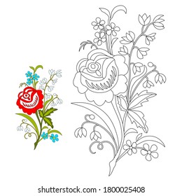 Rose red, blue forget-me-nots, green leaves, hand-drawn black line on white background, coloring for children, print for coloring book, use for coloring with watercolors, gouache, markers or pencils