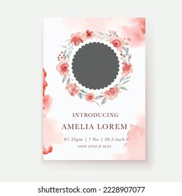 Rose red flower watercolor Baby announcement template