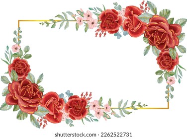 Rose Red with Gold Line Watercolor flower frame. Luxurious flower elements, botanical background or wallpaper design, prints and invitations, and postcards.