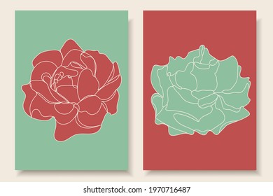 The rose is red and the rose is green. Two minimalist backgrounds in a modern style. Isolated flowers on green and red background. Vector
