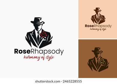Rose Rhapsody logo design template. Stylish man in a suit, hat, and rose in lapel. Perfect for romantic, elegant, or sophisticated themed stock designs and promotions.