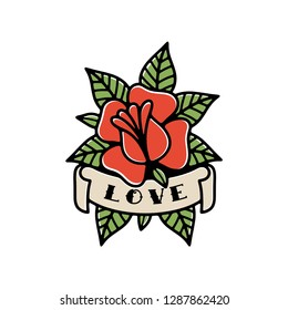ROSE AND RIBBON LOVE TRADITIONAL TATTOO COLOR WHITE BACKGROUND