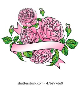 rose with ribbon. paper cutting. Background with rose. hand drawn. flower background vector.