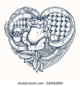 Rose, ribbons and geometric patterns inscribed in the shape of a heart.  Vector illustration. 