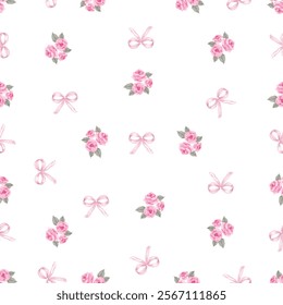 Rose and Ribbons Seamless pattern hand drawn with watercolor. For textile, fabric, wallpaper, banners, cards and so on. You can change the background color from the EPS file.
